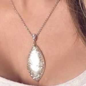 Alexis Bittar Pearl White Lucite Pendant in Silver Setting with crystals 19”